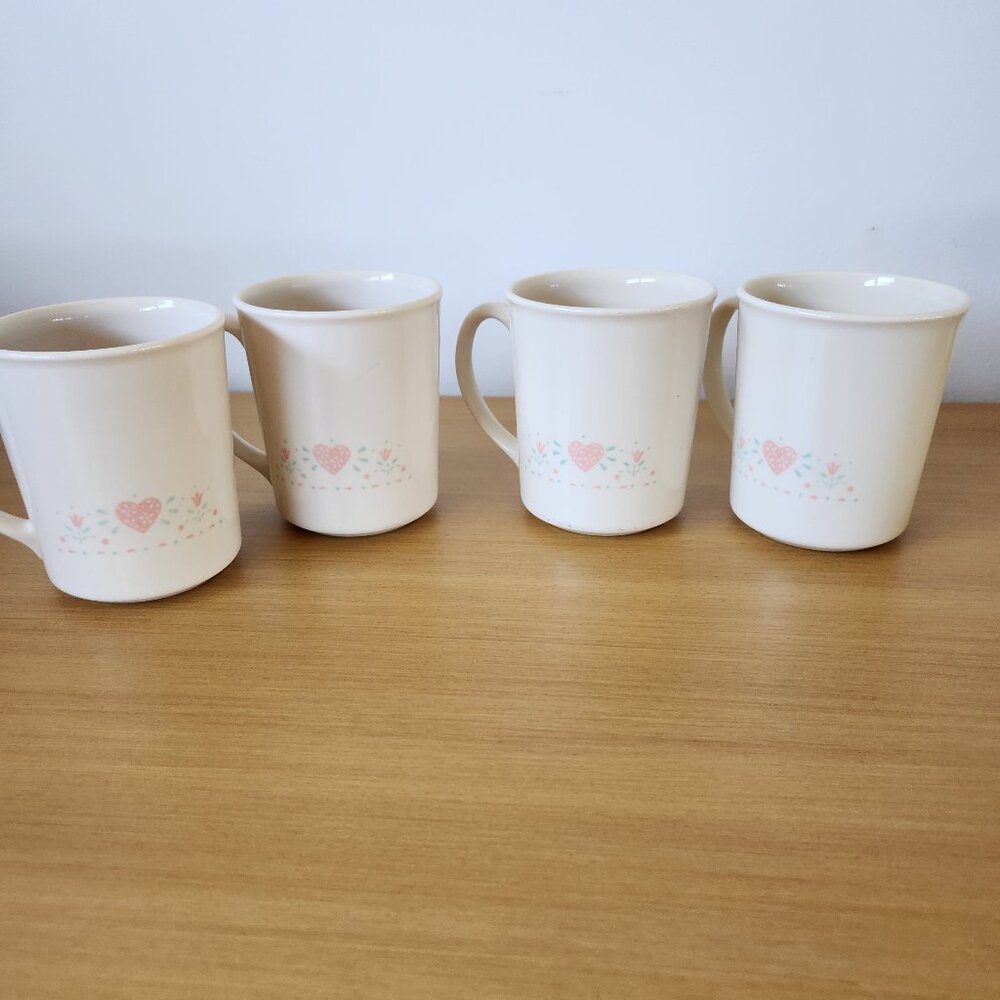 4 Corelle Forever Yours Tall Mugs Hearts and Flowers